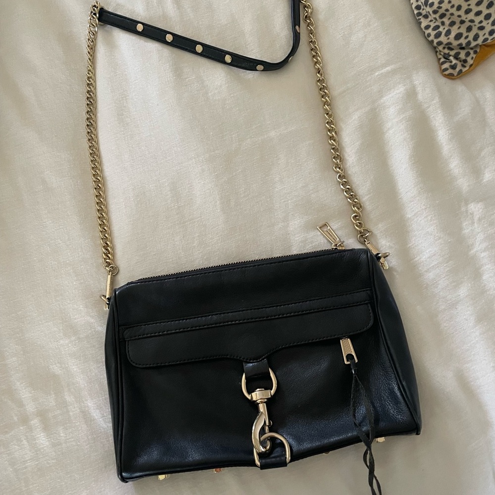 Women’s black crossbody with gold chain; Rebecca Minkoff